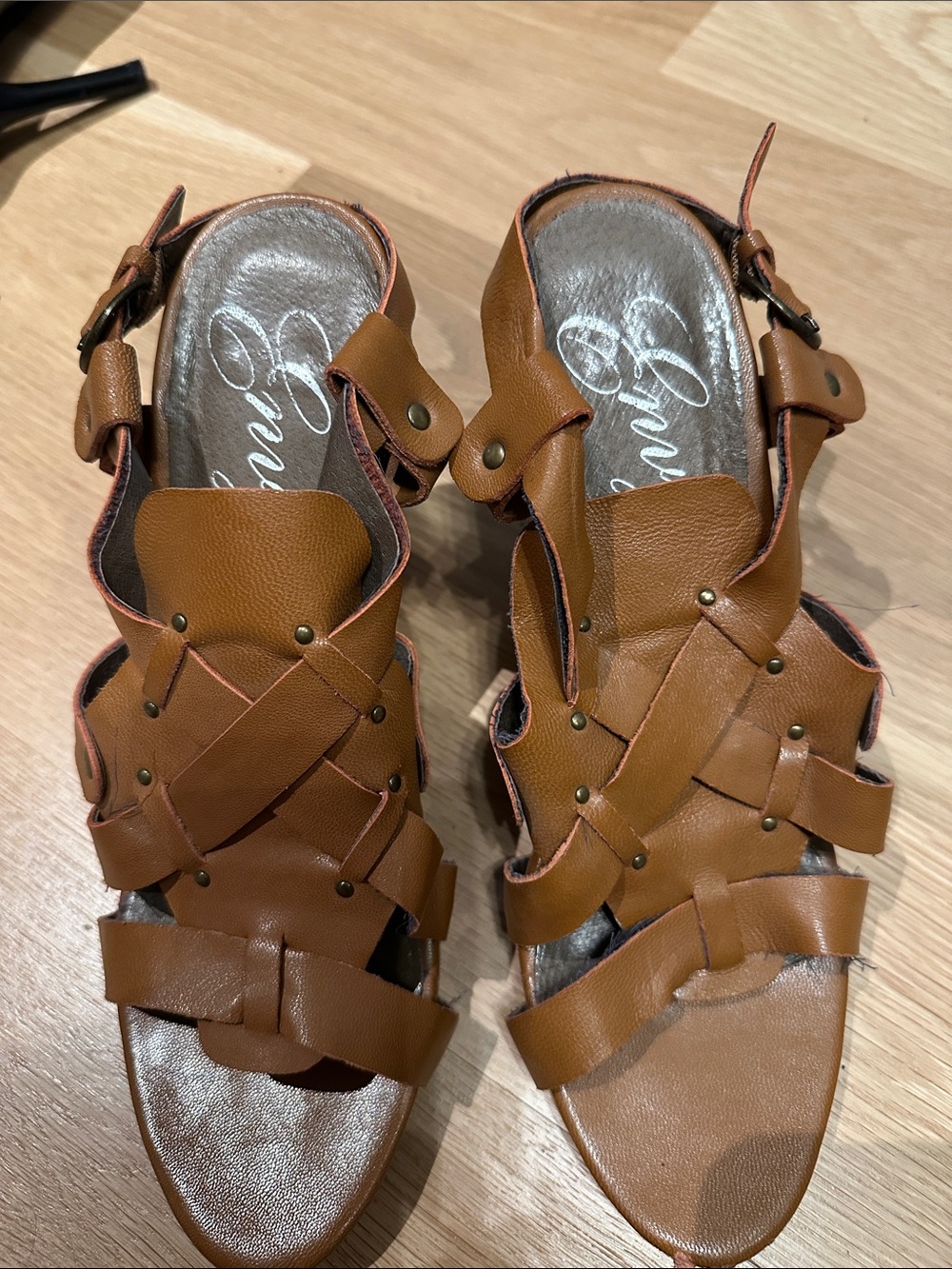 envy Tan Woven Leather Buckle Sandals